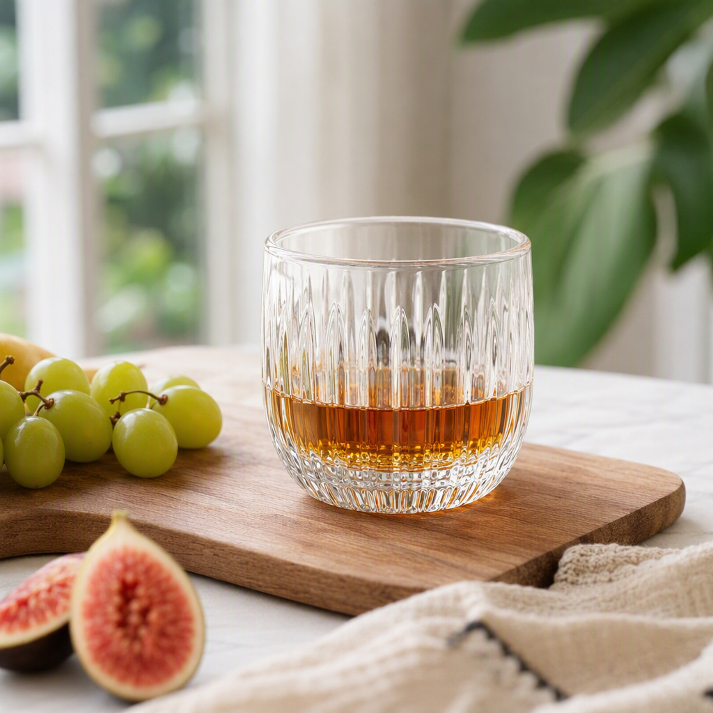 Creative glass water cup, glass plastic shell cup, vertical pattern low-mouthed cup details Picture
