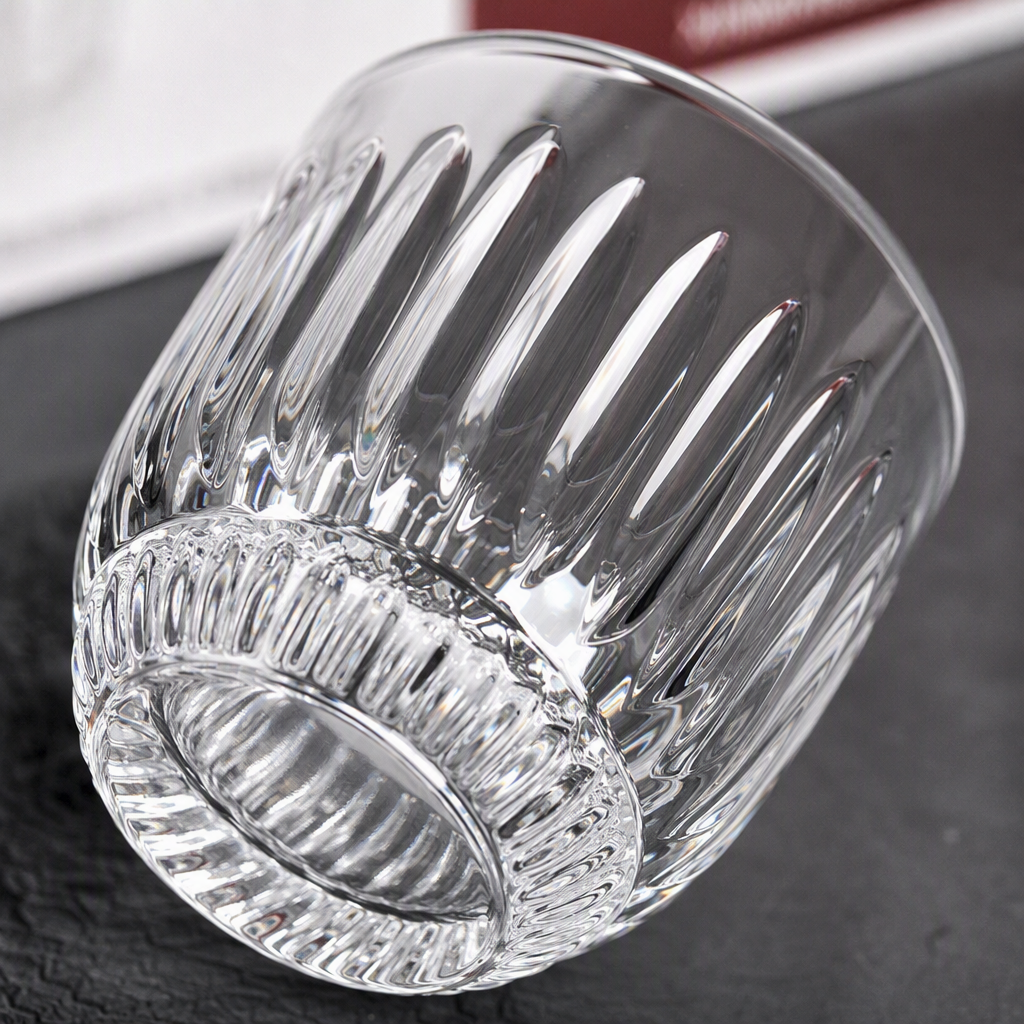 Creative glass water cup, glass plastic shell cup, vertical pattern low-mouthed cup Application Scenario