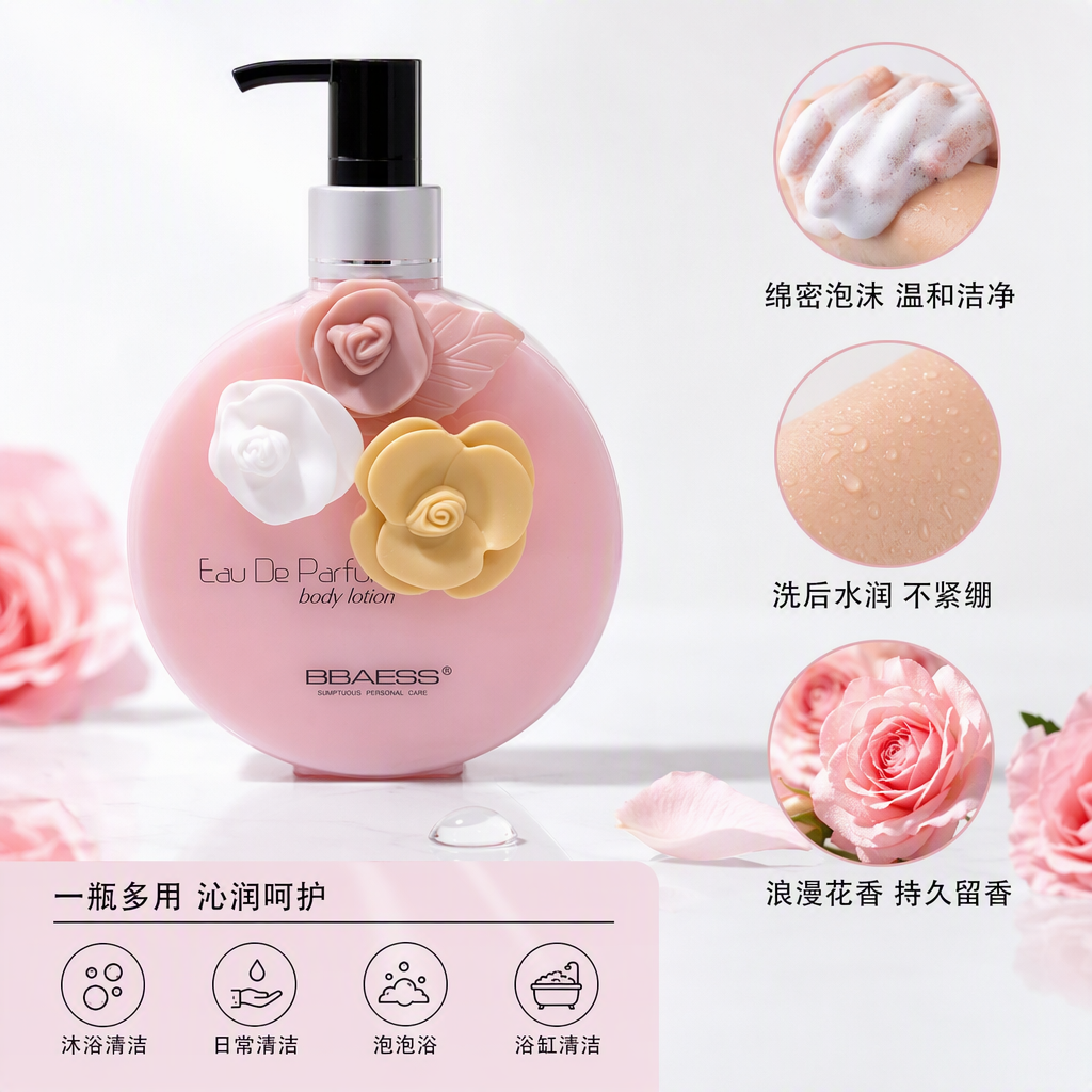粉色花朵身体乳瓶白色玫瑰包装盒保湿滋润香氛护理礼盒装