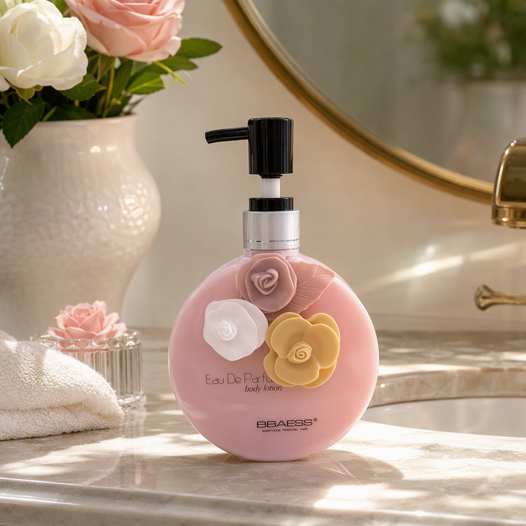 Pink flower body lotion bottle, white rose packaging box, moisturizing and nourishing fragrance care gift box details Picture