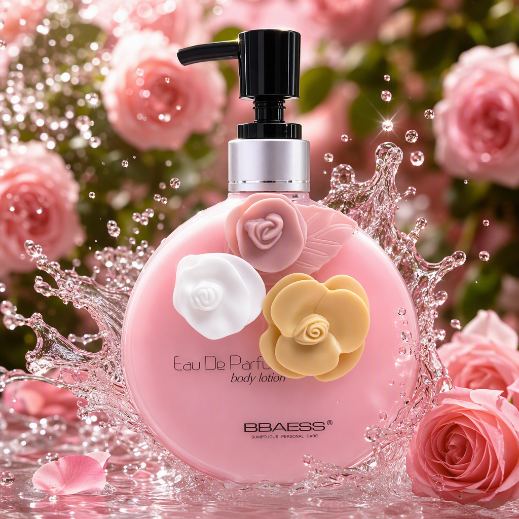 Pink flower body lotion bottle, white rose packaging box, moisturizing and nourishing fragrance care gift box Specification image