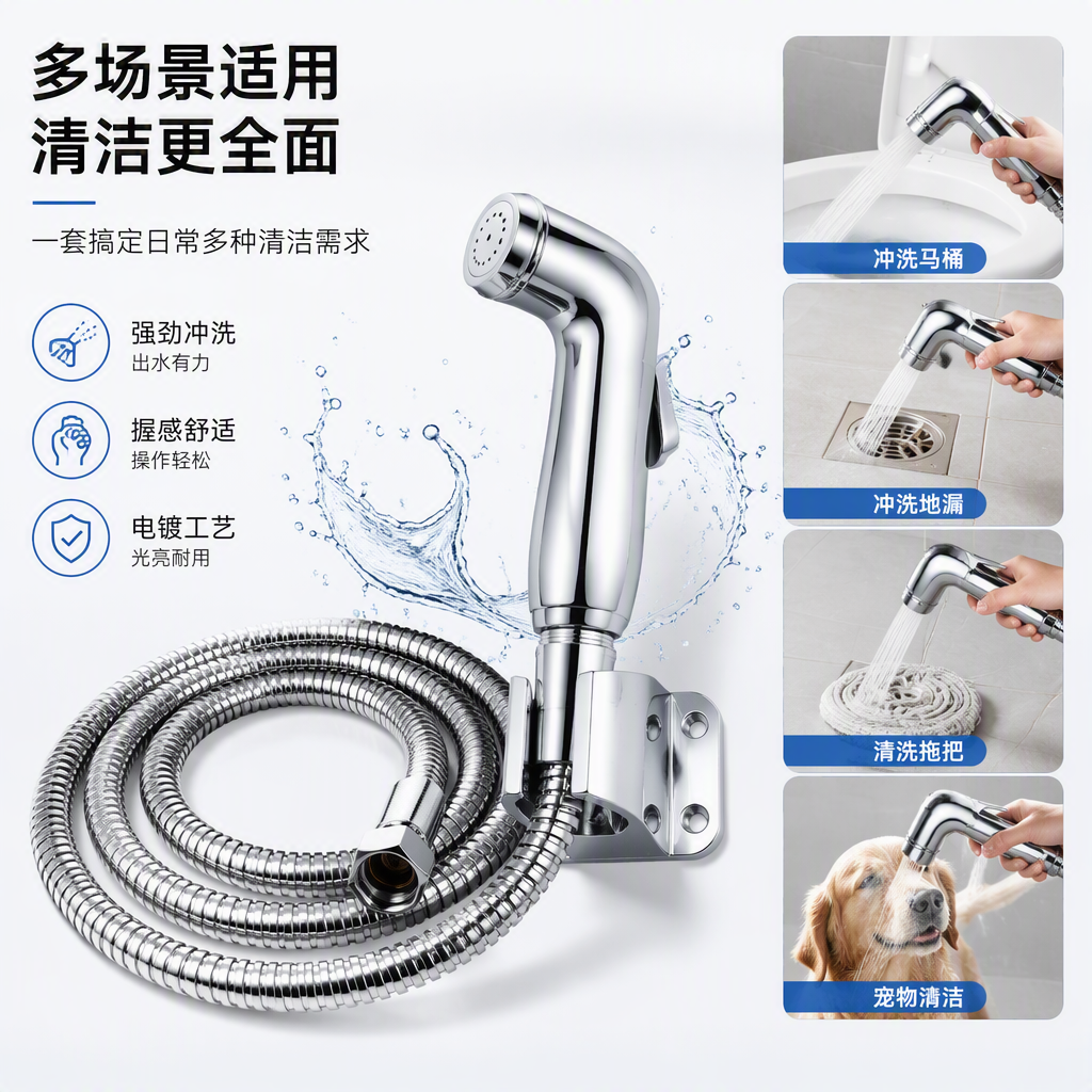 High-end metal shower head set, multi-functional pressure-increasing nozzle, bathroom accessories, silver fashionable and simple design