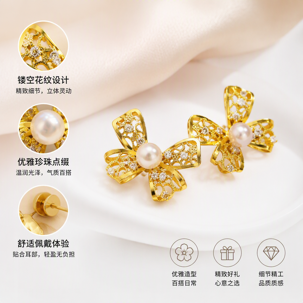 Golden bow stud earrings with pearls in the center and small diamonds as embellishments are fashionable earrings that are versatile and elegant for women