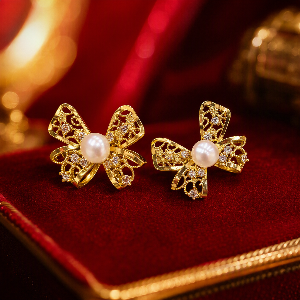 Golden bow stud earrings with pearls in the center and small diamonds as embellishments are fashionable earrings that are versatile and elegant for women Specification image