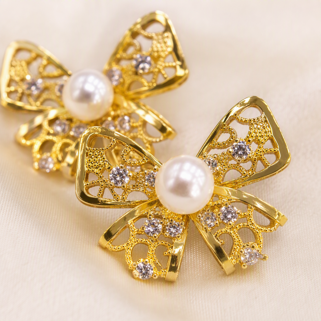 Golden bow stud earrings with pearls in the center and small diamonds as embellishments are fashionable earrings that are versatile and elegant for women Application Scenario