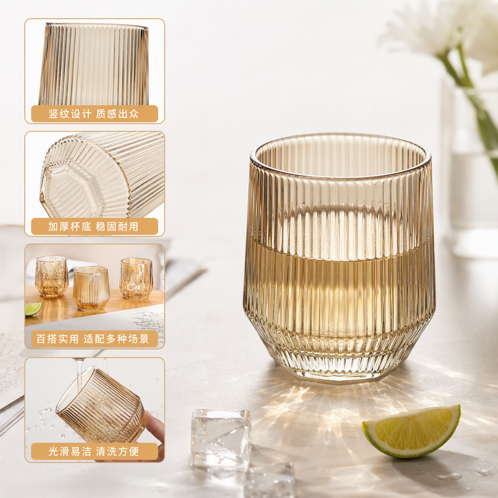 Amber-colored vertical hexagonal heart-shaped high borosilicate glass water cup set, Moroccan-style creative drink cups