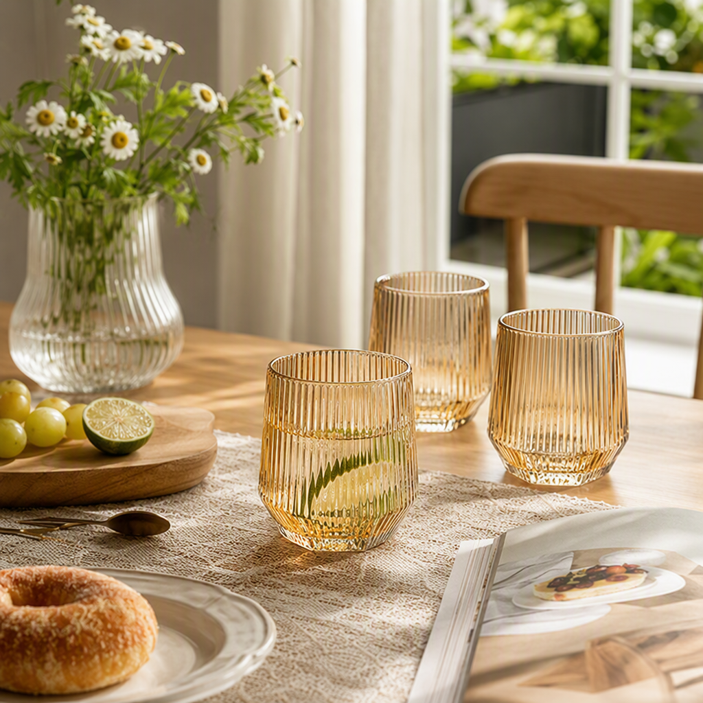 Amber-colored vertical hexagonal heart-shaped high borosilicate glass water cup set, Moroccan-style creative drink cups details Picture