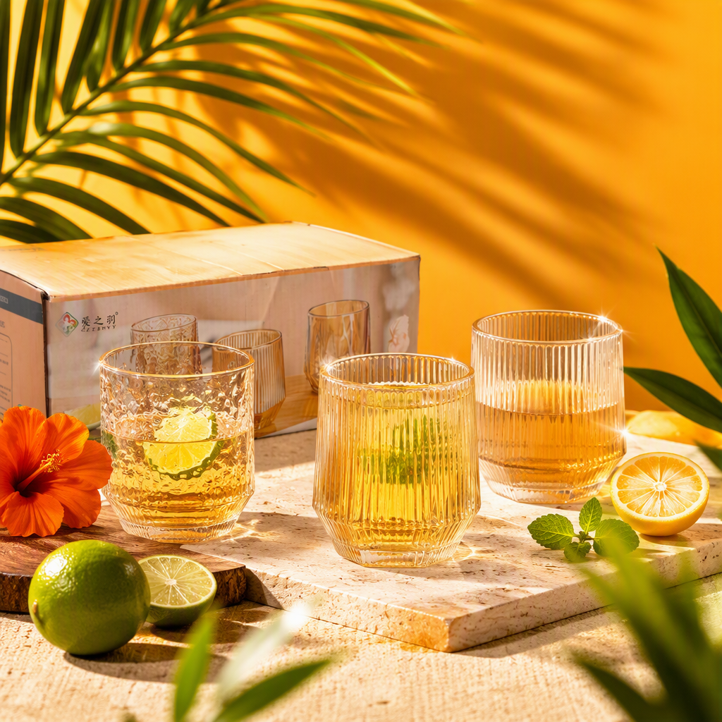 Amber-colored vertical hexagonal heart-shaped high borosilicate glass water cup set, Moroccan-style creative drink cups Specification image