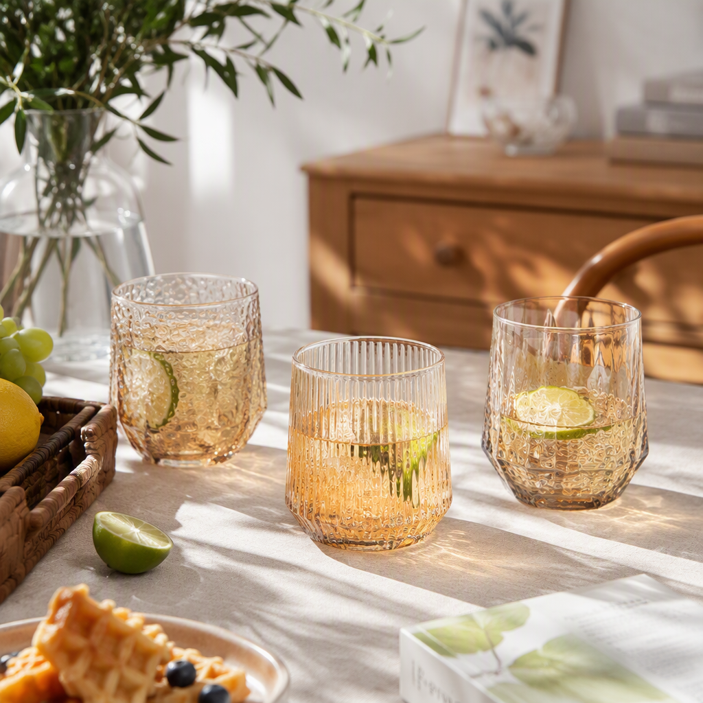 Wholesale glass hexagonal hammer-patterned transparent water cups and amber creative drink cups details Picture