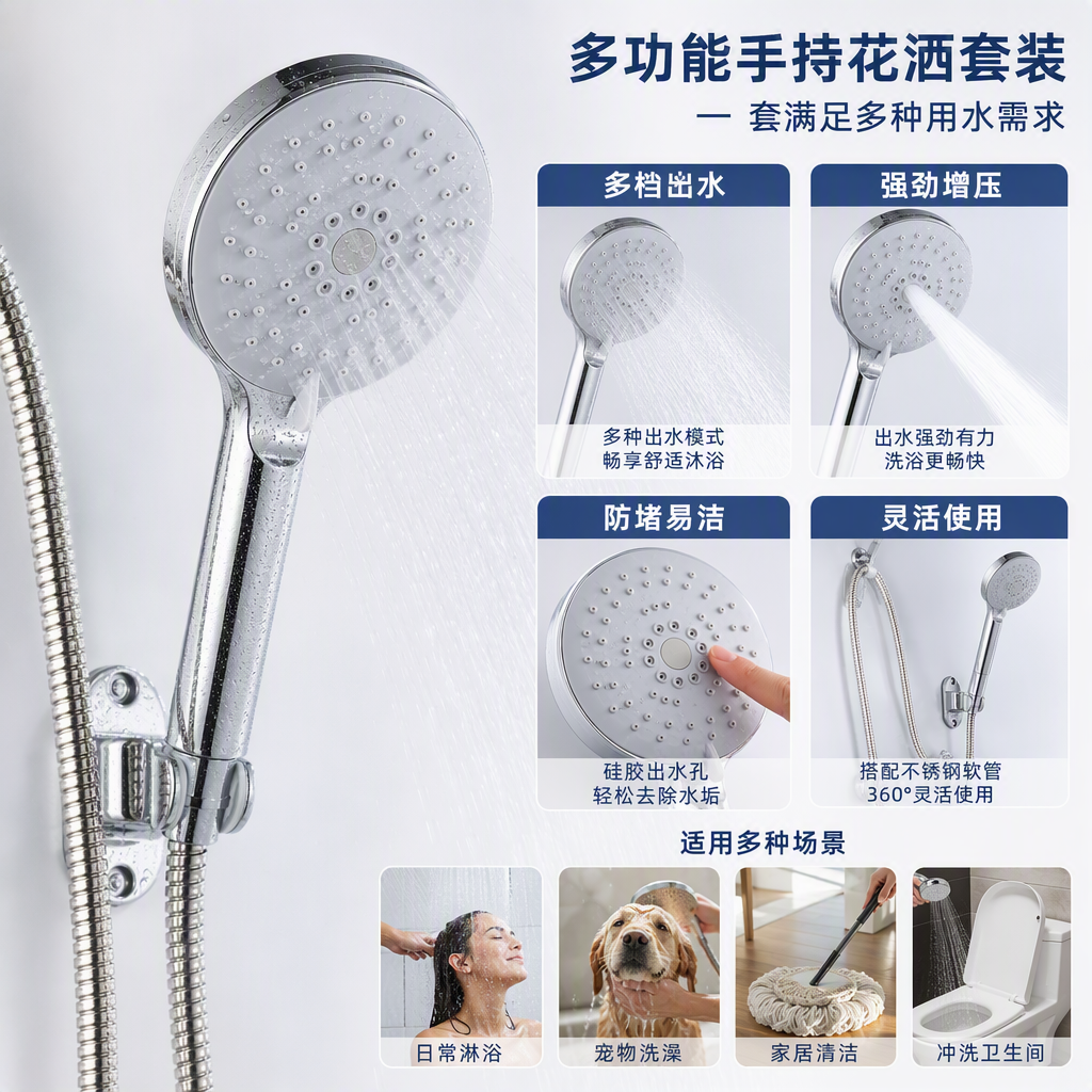Multi-functional showerhead and shower head set, high-pressure pressure-increasing, all-copper silver bathroom accessories, simple and modern design