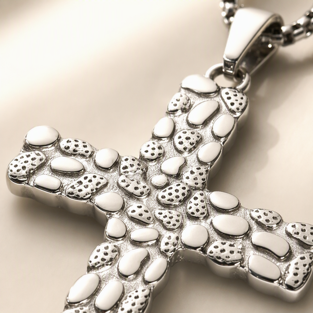 Stainless steel three-dimensional texture cross necklace with concave and convex texture polishing, exquisite and versatile daily pendant necklace, unisex Specification image