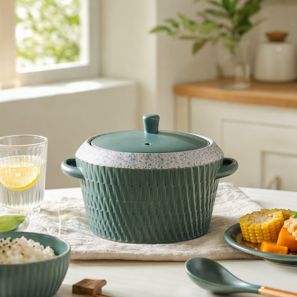 A green textured ceramic clay pot with a lid and double-ear design, a heat-resistant stewing soup pot for household kitchenware details Picture