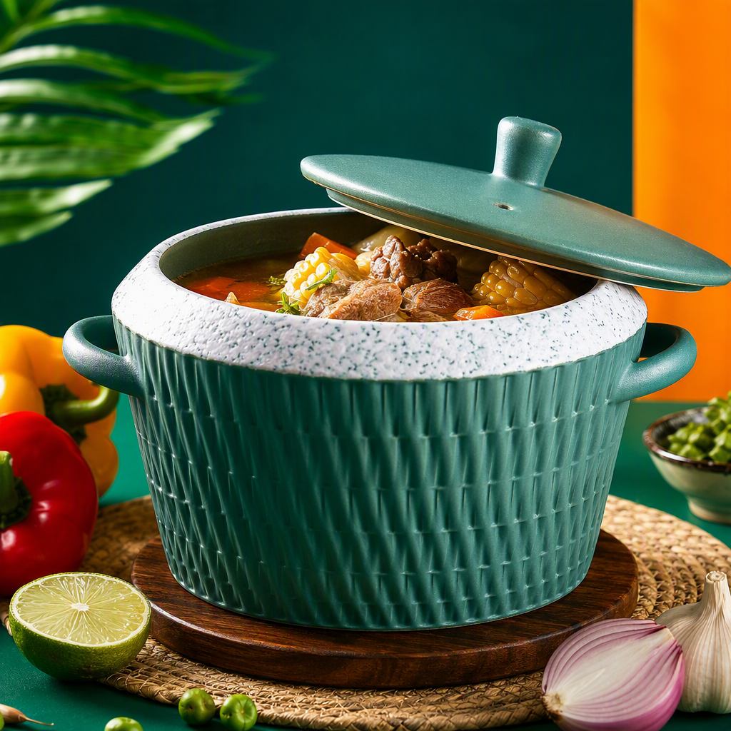 A green textured ceramic clay pot with a lid and double-ear design, a heat-resistant stewing soup pot for household kitchenware Specification image