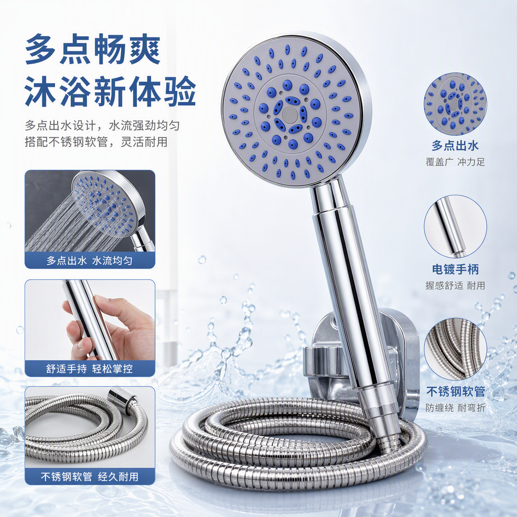 High-end silver shower head set, multi-functional all-copper lift-up shower head accessories for bathrooms, simple and fashionable