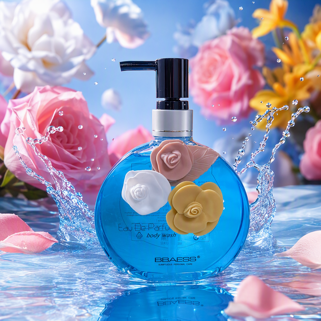 Floral decoration, blue bottle, perfume and body wash, white packaging box, fresh fragrance, moisturizing body care Specification image