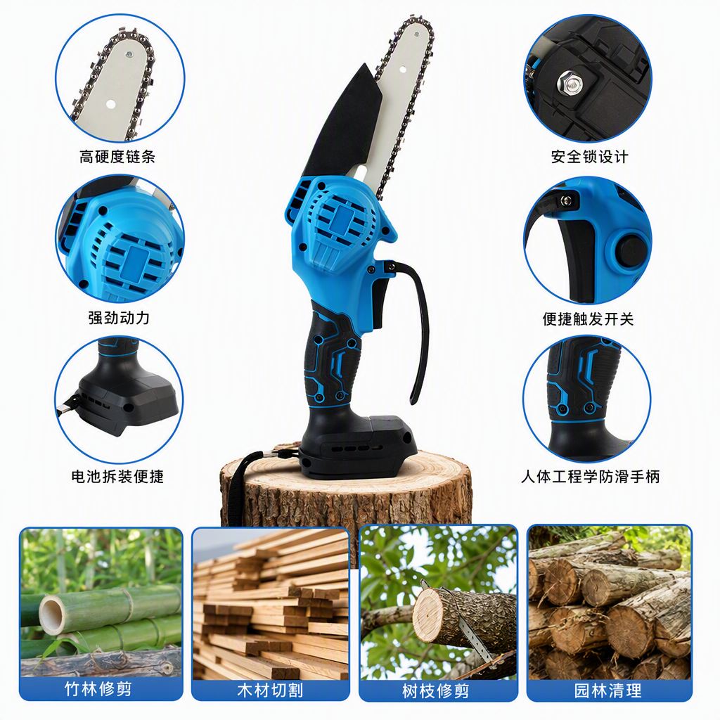 Multi-functional electric chain saw, lithium battery electric saw, handheld household woodworking pruning, garden felling tool, lightweight and portable, 4-inch, 6-inch details Picture