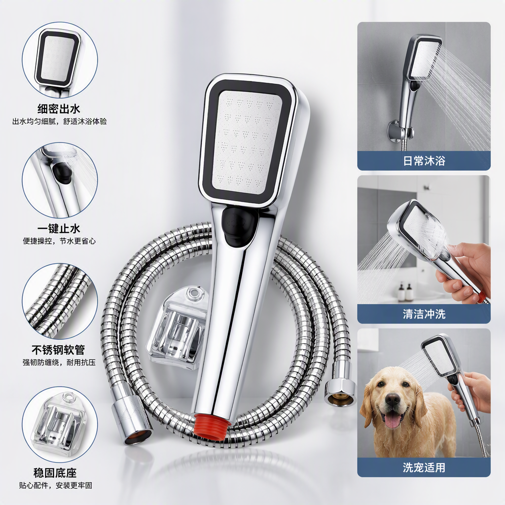 High-end silver shower head set, multi-functional water-saving nozzle, bathroom accessories, simple and modern design