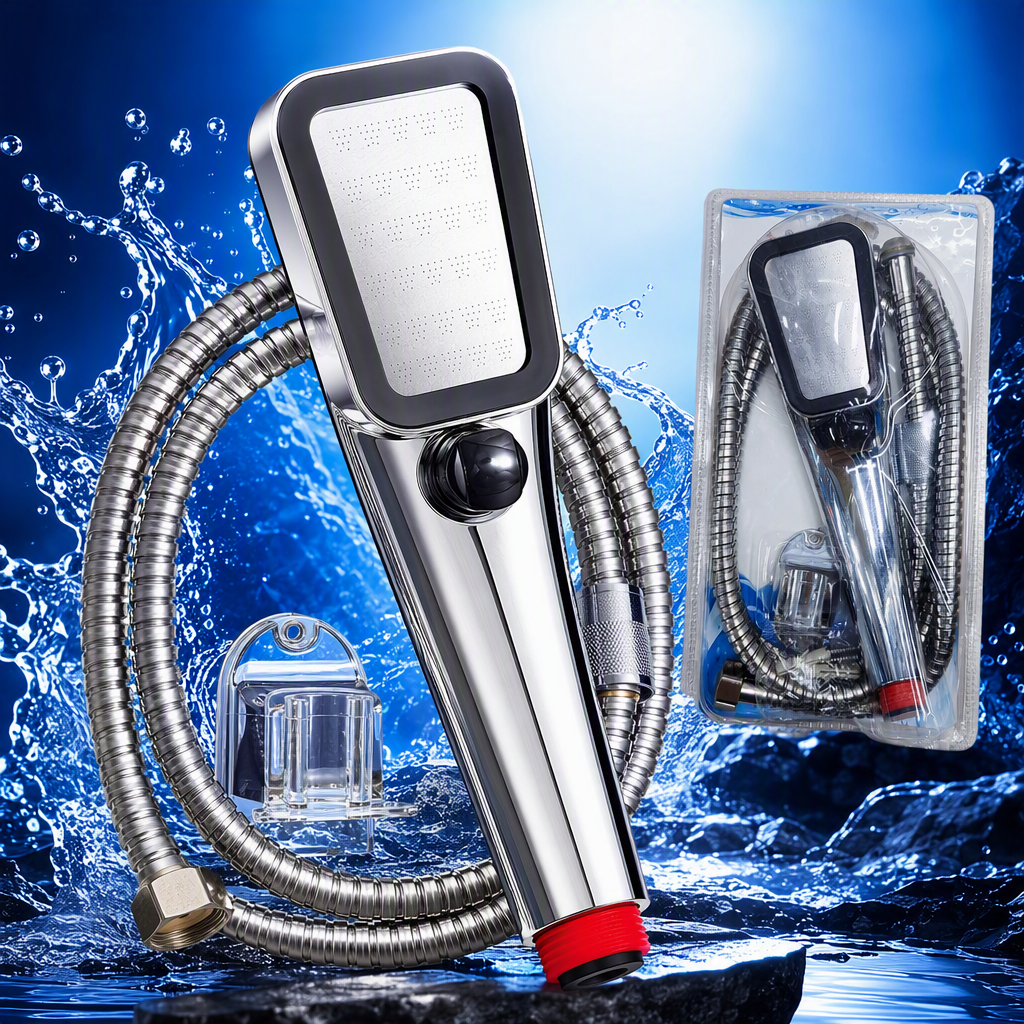 High-end silver shower head set, multi-functional water-saving nozzle, bathroom accessories, simple and modern design Specification image