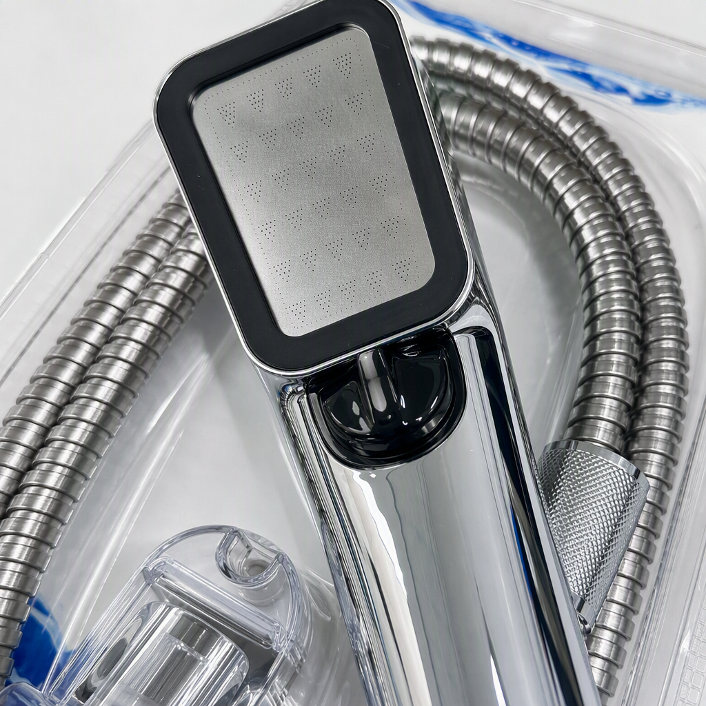 High-end silver shower head set, multi-functional water-saving nozzle, bathroom accessories, simple and modern design Application Scenario