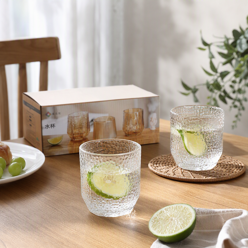 Wholesale glass hexagonal hammer-patterned transparent water cups and creative beverage cups details Picture