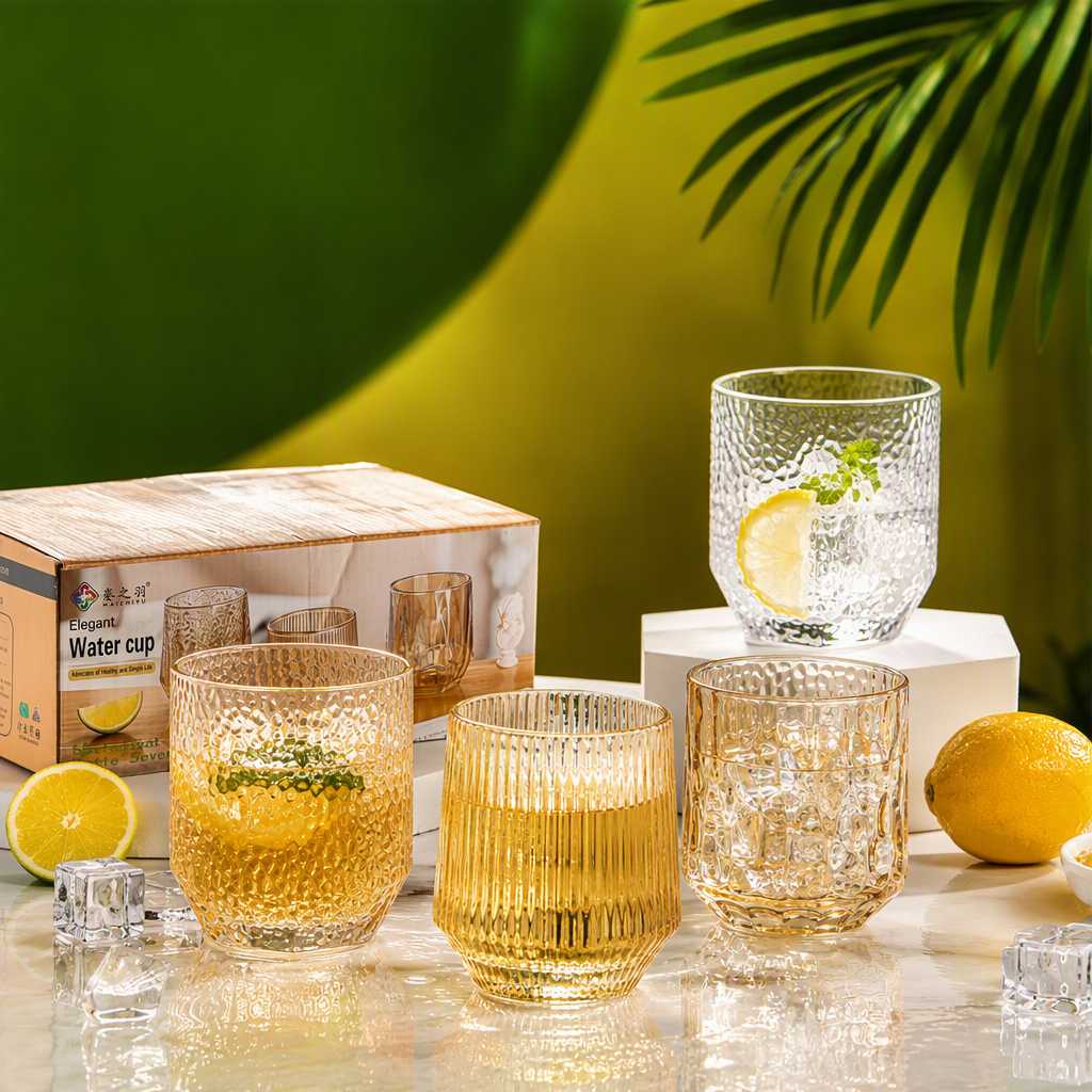 Wholesale glass hexagonal hammer-patterned transparent water cups and creative beverage cups Specification image