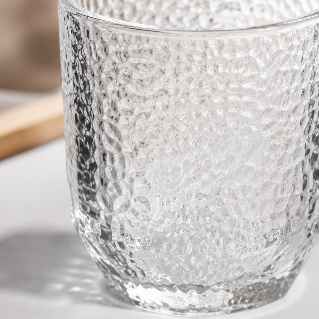 Wholesale glass hexagonal hammer-patterned transparent water cups and creative beverage cups Application Scenario