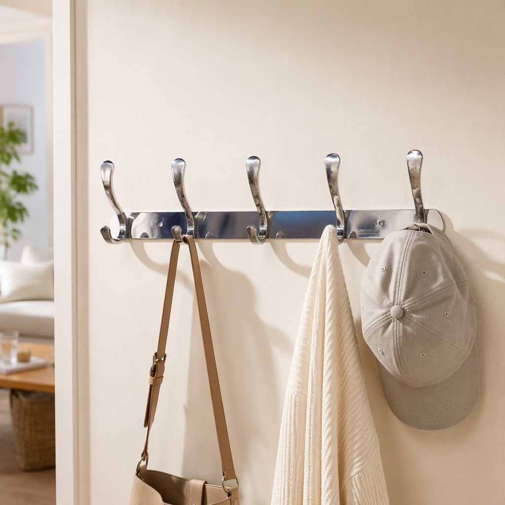 Multi-functional metal wall hook rack, simple and creative kitchen and bathroom storage hook, silver version without drilling details Picture