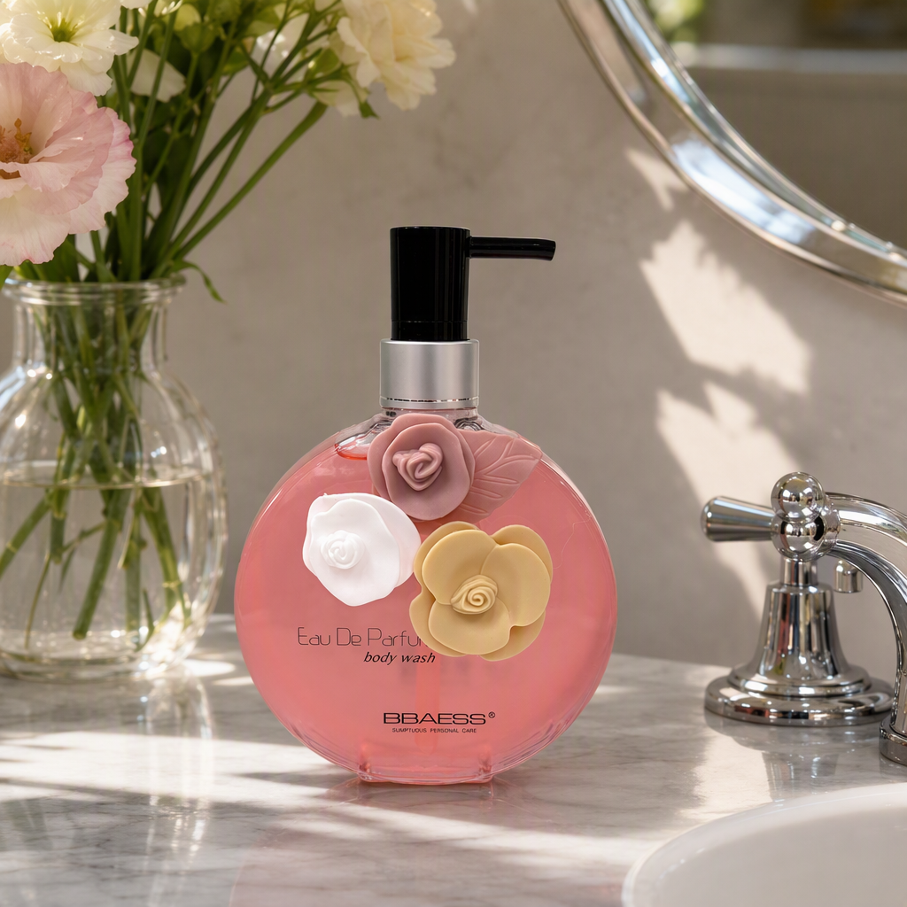 وكانت العطر مغتسال برائحة العطر المعطر، في شكل أزهار ذات شكل ثلاثي الشكل، وذات هيكل مزود بمضخة سوداء شفافة اللون وردية اللون details Picture