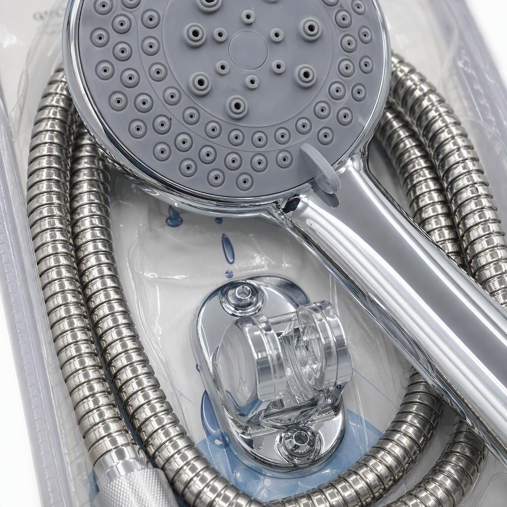 High-end silver showerhead set, multi-functional shower head, bathroom accessories, simple, fashionable and durable home decoration Application Scenario