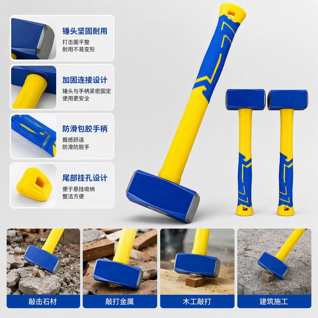 双色防滑包塑柄八角锤 工地石工重型敲击手动铁锤