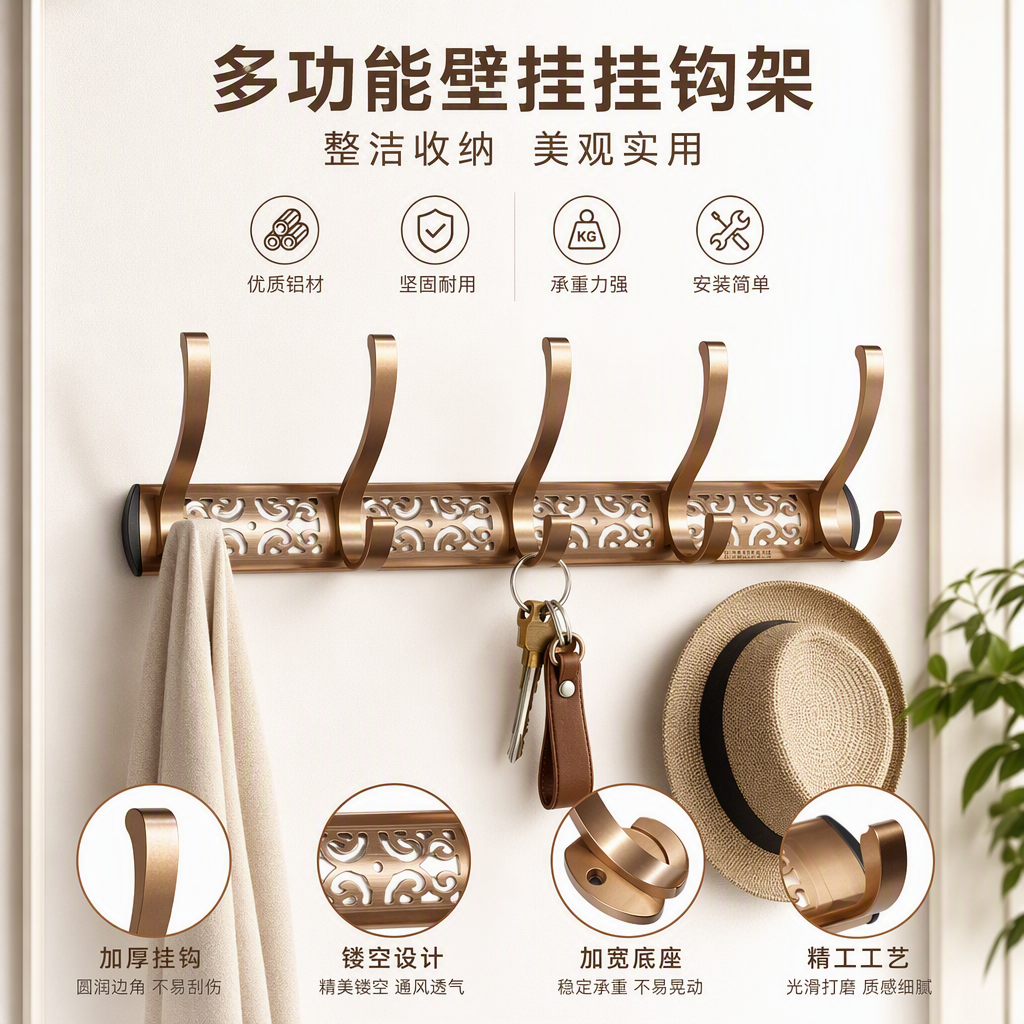Oro hueco decorativo gancho rack almacenamiento de pared creativo multifuncional hogar gancho diseño simple y moderno