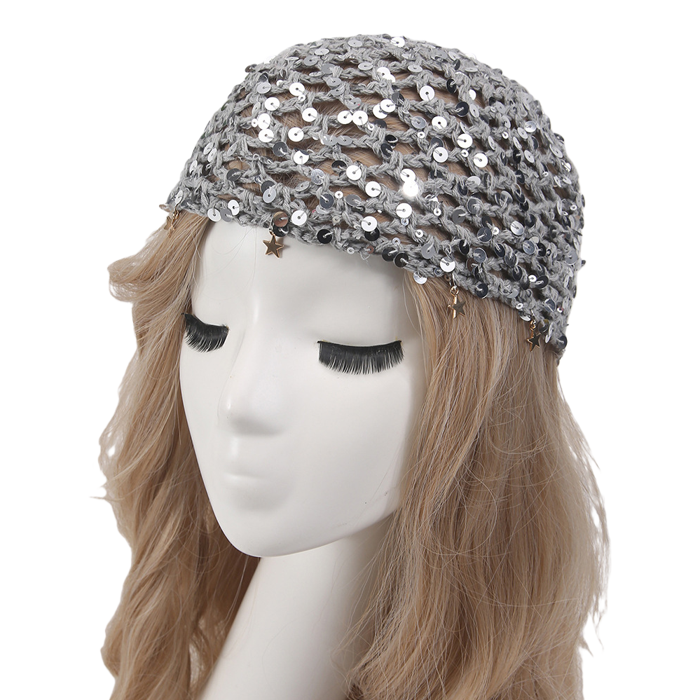 Sequined crochet headscarf, golden star pendant decorated, white dummy head fashion accessory Item Picture