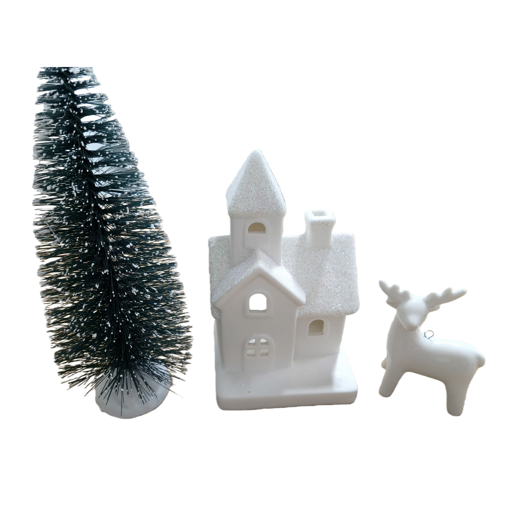 White Christmas house, white reindeer ornaments, green cedar trees, festive decorations, Christmas home arrangements, Christmas gifts Item Picture