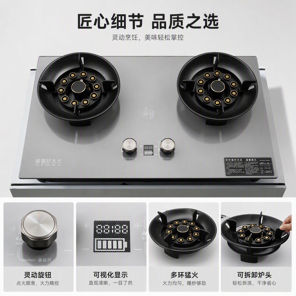 时尚灰色玻璃双炉燃气灶台高效节能耐热耐用厨房必备家用灶具
