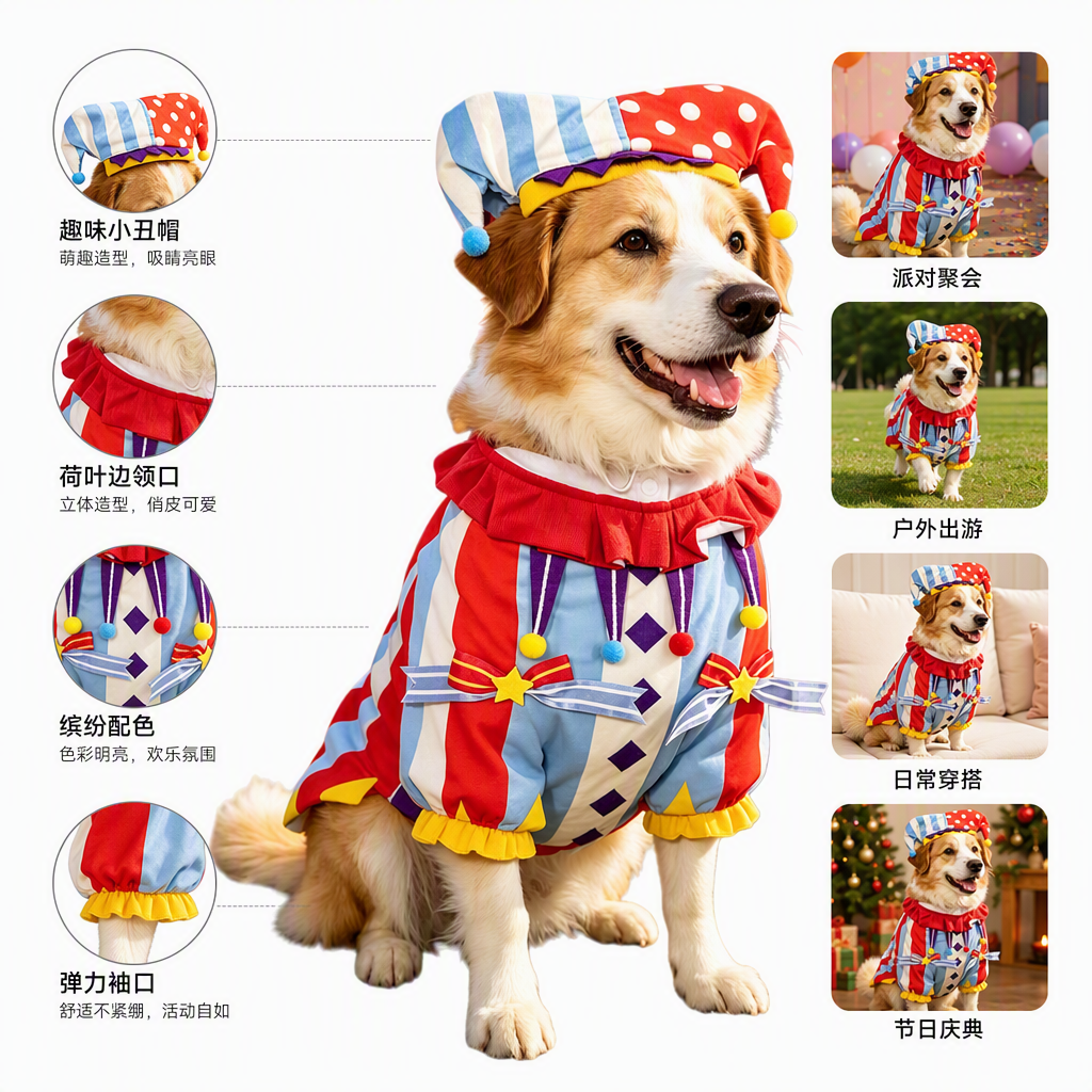 In stock: autumn, winter, Christmas pet clothes, cat and dog clothes, pet clothing, dog clothes, pet Christmas circus clothes, clown sets Specification image
