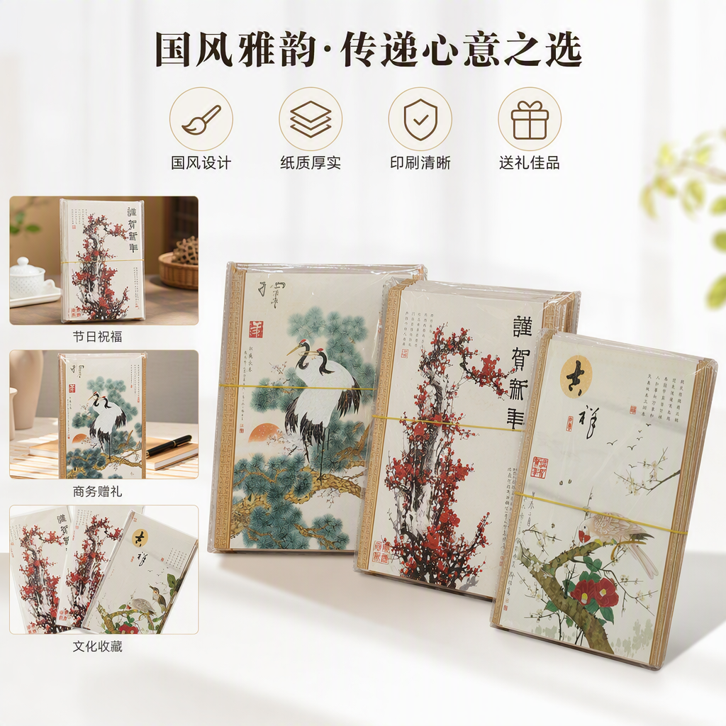 传统中式年画三幅套装松鹤延年梅花迎春花鸟栖枝装饰画风格浓郁