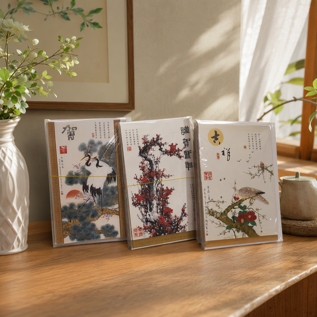 传统中式年画三幅套装松鹤延年梅花迎春花鸟栖枝装饰画风格浓郁产品图