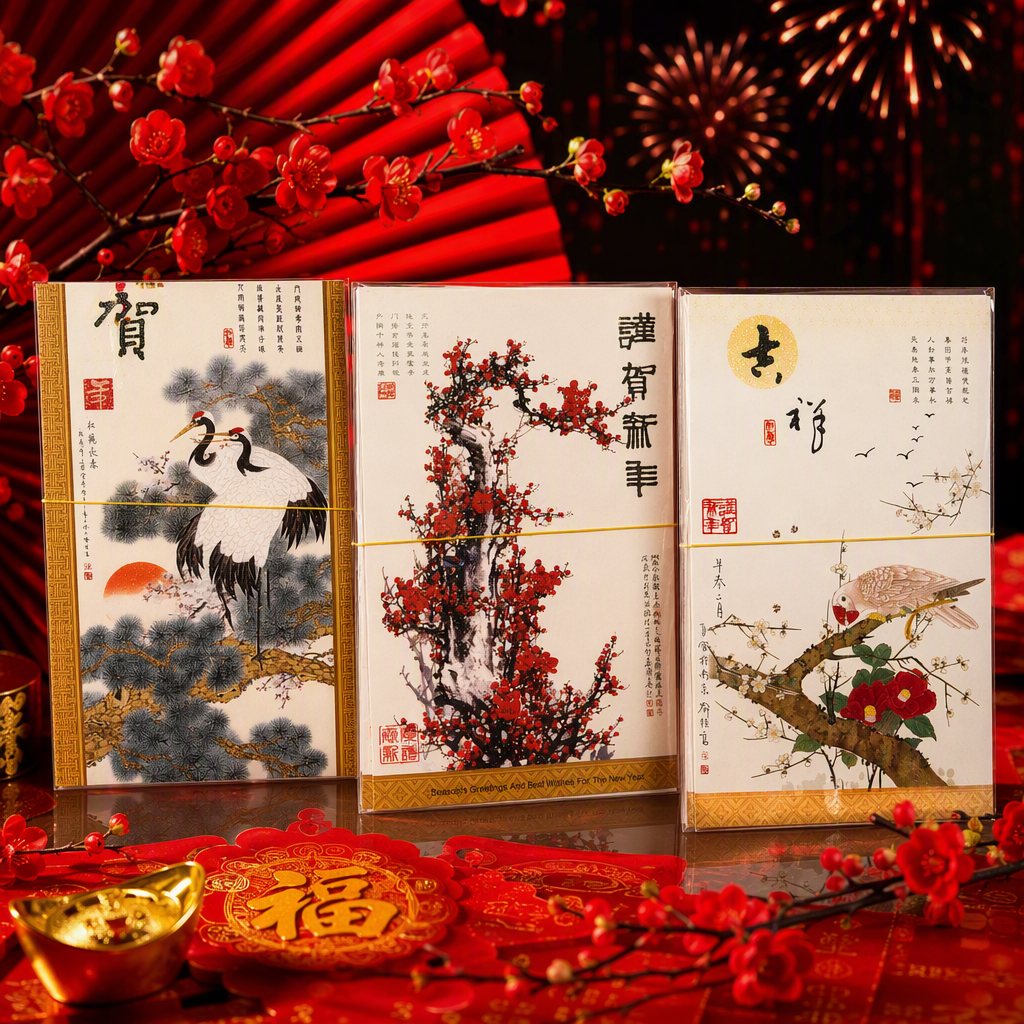 传统中式年画三幅套装松鹤延年梅花迎春花鸟栖枝装饰画风格浓郁细节图