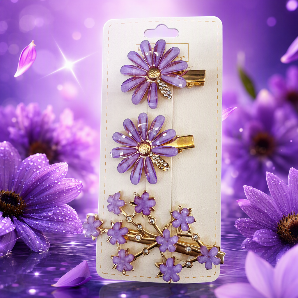 紫色花朵发夹套装细节图