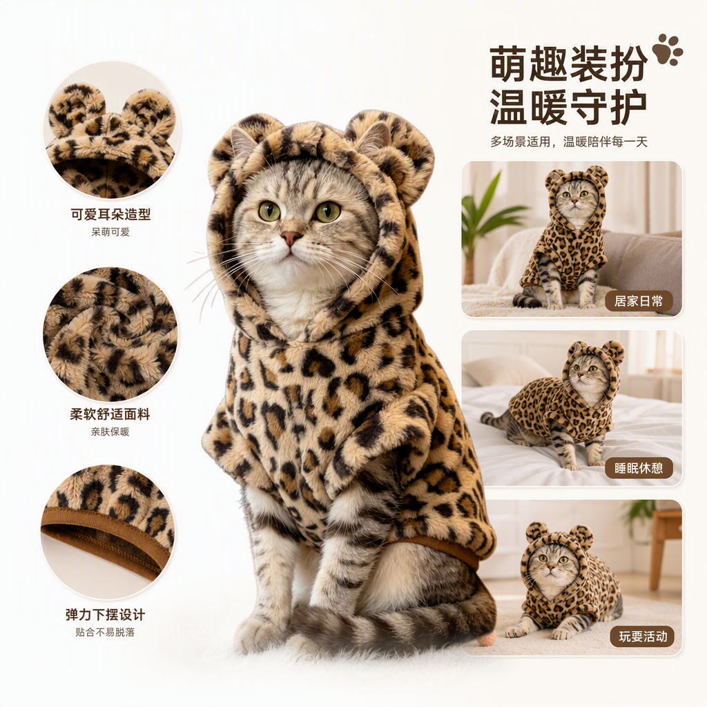 Ropa de mascotas perro gato otoño invierno caliente y engrosado lindo leopardo estampado gatito capucha capucha rana hoodie vestido de tul vestido floral Specification image