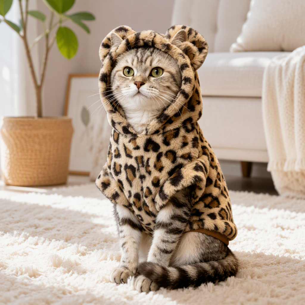 Ropa de mascotas perro gato otoño invierno caliente y engrosado lindo leopardo estampado gatito capucha capucha rana hoodie vestido de tul vestido floral details Picture