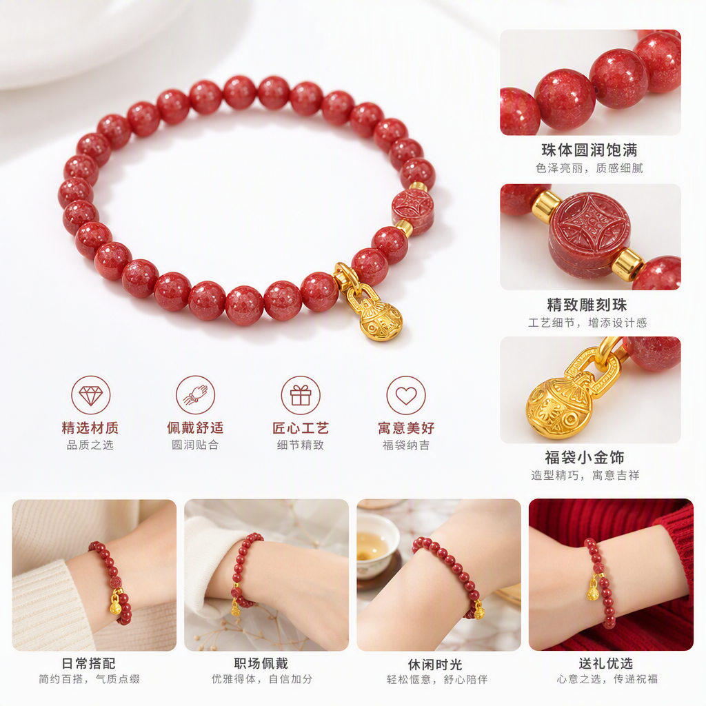 时尚红色珠串手链女士手饰复古百搭手链潮流简约手链品味配饰