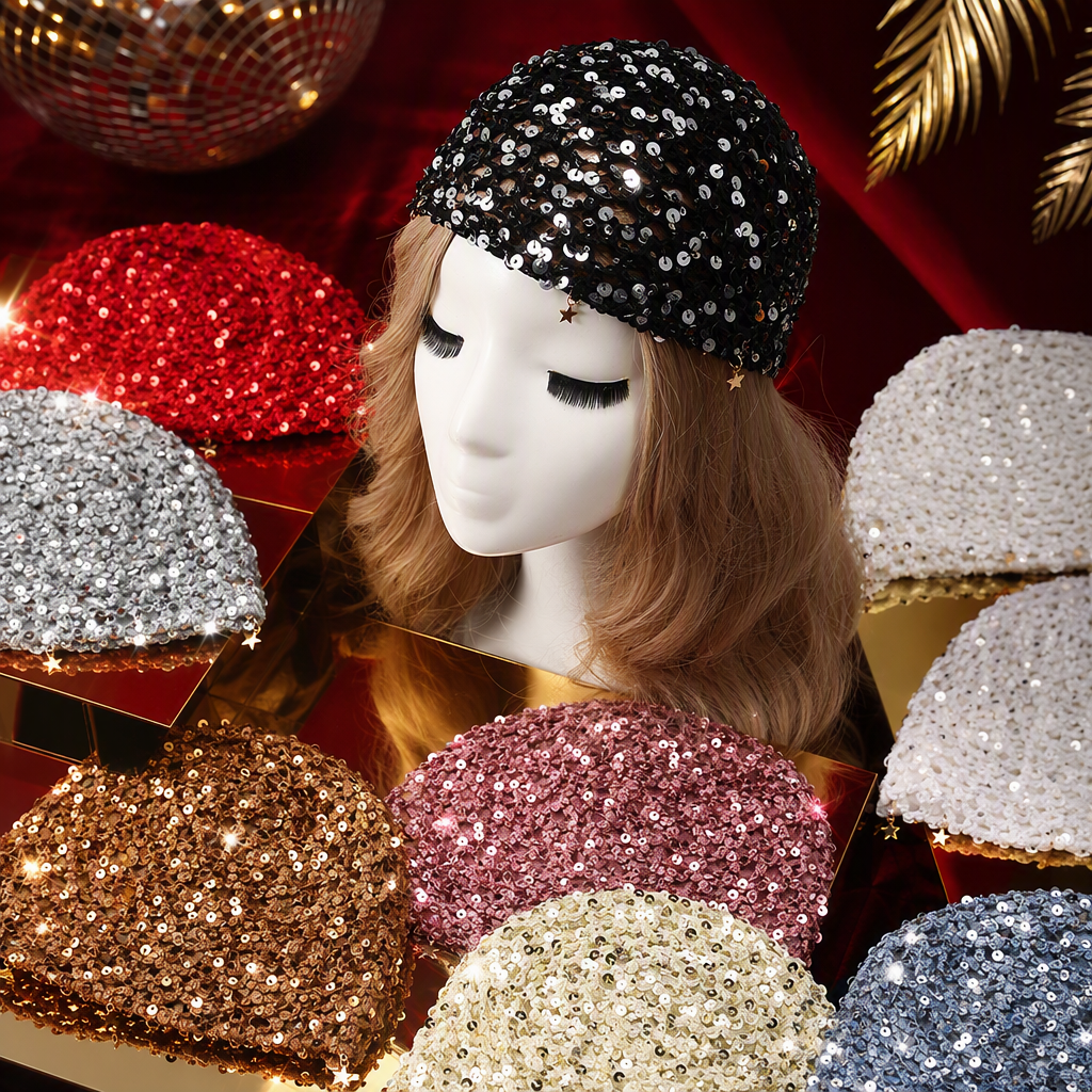 Sequined crochet headscarf, golden star pendant decorated, white dummy head fashion accessory Specification image