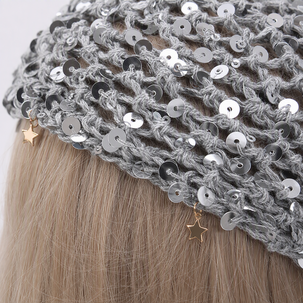 Sequined crochet headscarf, golden star pendant decorated, white dummy head fashion accessory Application Scenario