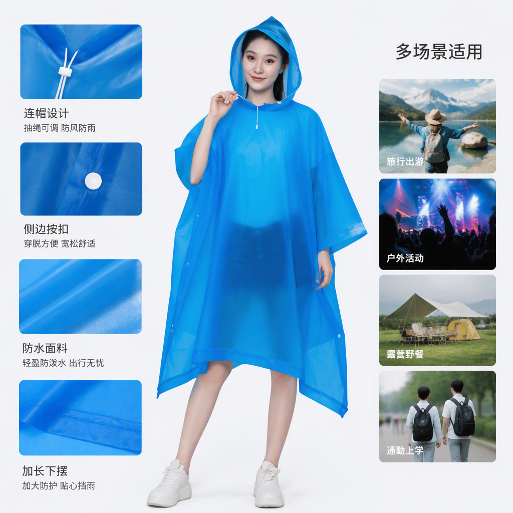 Impermeable de una pieza multifuncional impermeable a prueba de viento protector solar impermeable a prueba de lluvia poncho de exterior portátil impermeable a prueba de viento impermeable unisex EVA rainwear Application Scenario