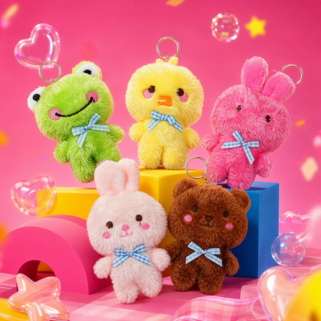 Japanese-style cartoon bear, frog, yellow duck keychains, plush toys, girlish gifts, ugly and cute foreign trade wholesale, colorful plush animal keychains, Mother's Day gifts, creative acrylic keychains, accessories, fashionable and personalized decorations Application Scenario