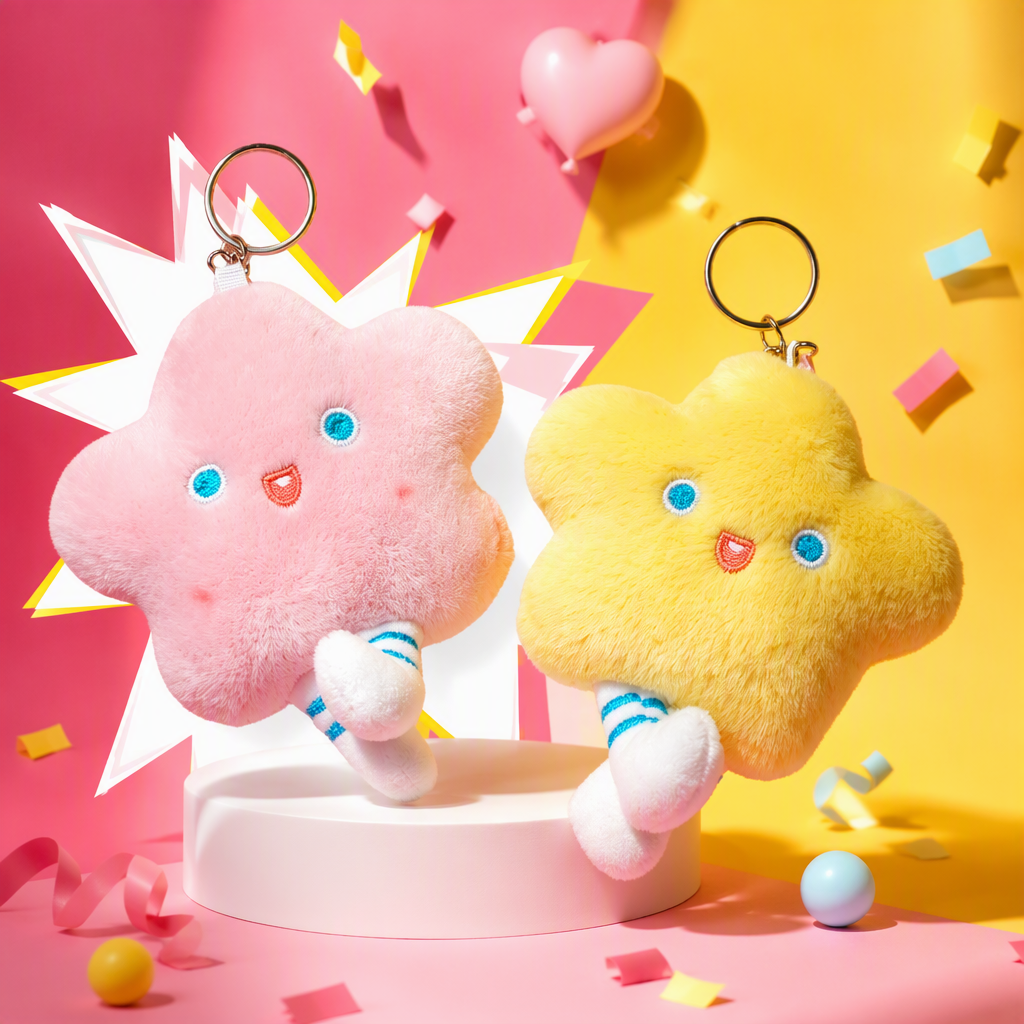 Cute cartoon five-pointed star plush schoolbag pendant, children's keychain pendant, cross-border trade wholesale, expression, pink cloud, yellow star plush keychain, Mother's Day gift, acrylic keychain accessory, fashionable and cute jewelry Application Scenario