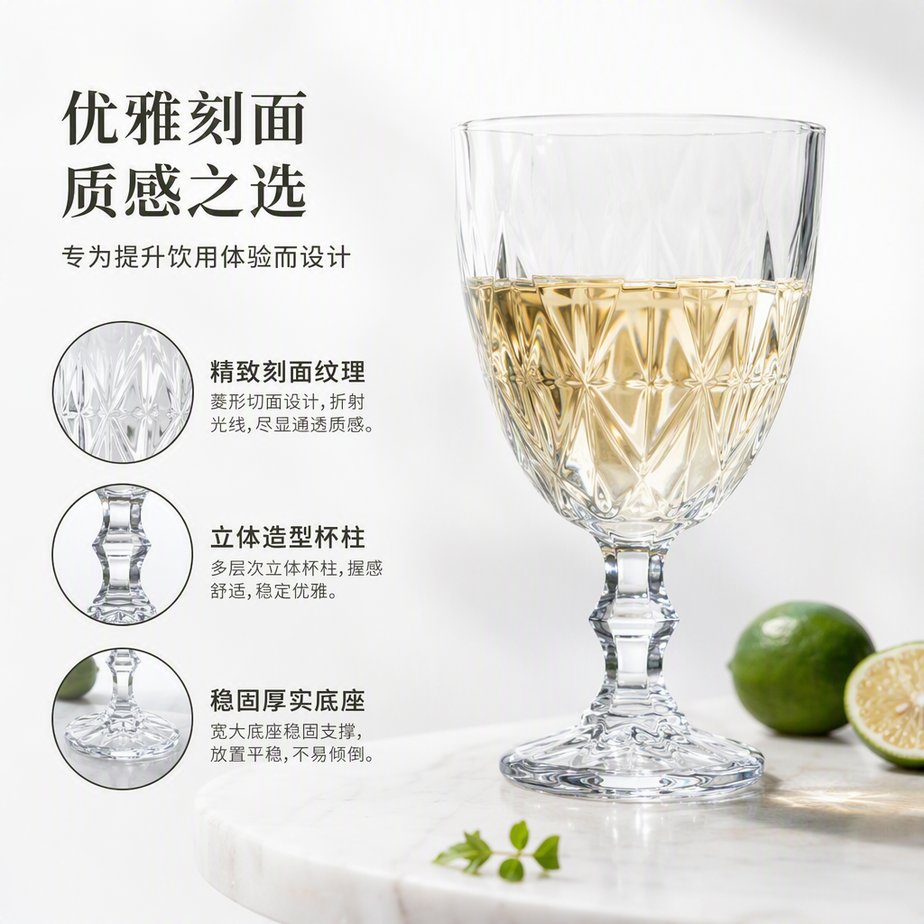 高脚玻璃杯透明雕花创意酒具高雅餐具酒吧家用装饰品