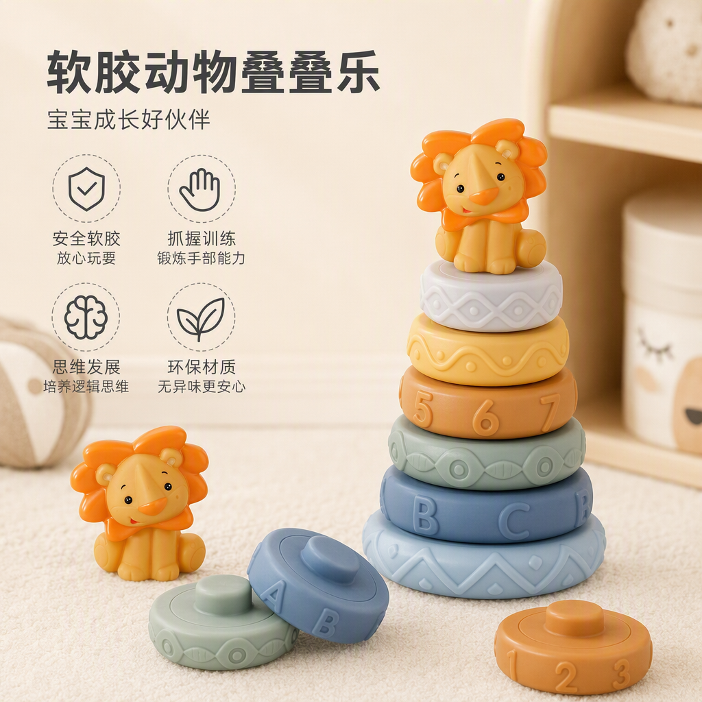 Colorful animal Jenga toy with a lion-shaped top cover and multiple layers of colorful discs stacked for early education and intelligence