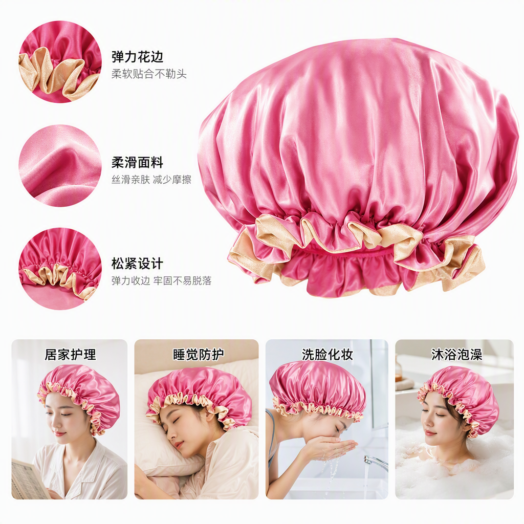 The shower caps come in a variety of colors. They feature elastic openings and smooth fabric, making them suitable for various scenarios such as sleeping, washing the face, and taking a bath